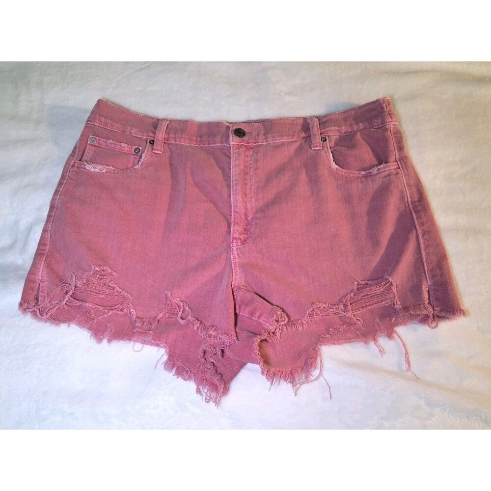 Aerie Denim Jean Short Pink Raw Hem Distressed Soft Cotton Blend Size XL